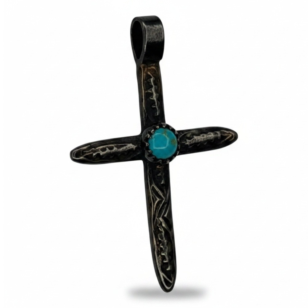BP Cross Pendant Sterling Silver Turquoise Hand Stamped Southwest